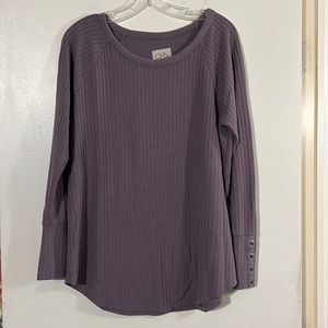 Chaser purple raglan sleeve top. Button detail at wrist